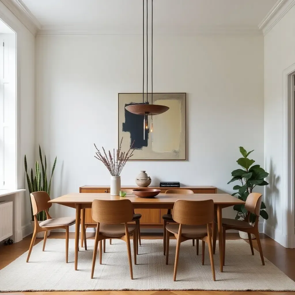 a photo of a trendy living space with a vintage dining set and modern artwork