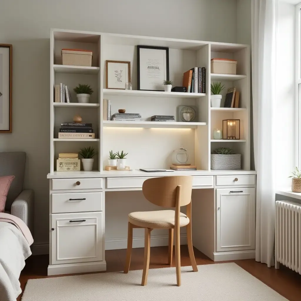 a photo of a multifunctional desk with built-in storage in a teen room