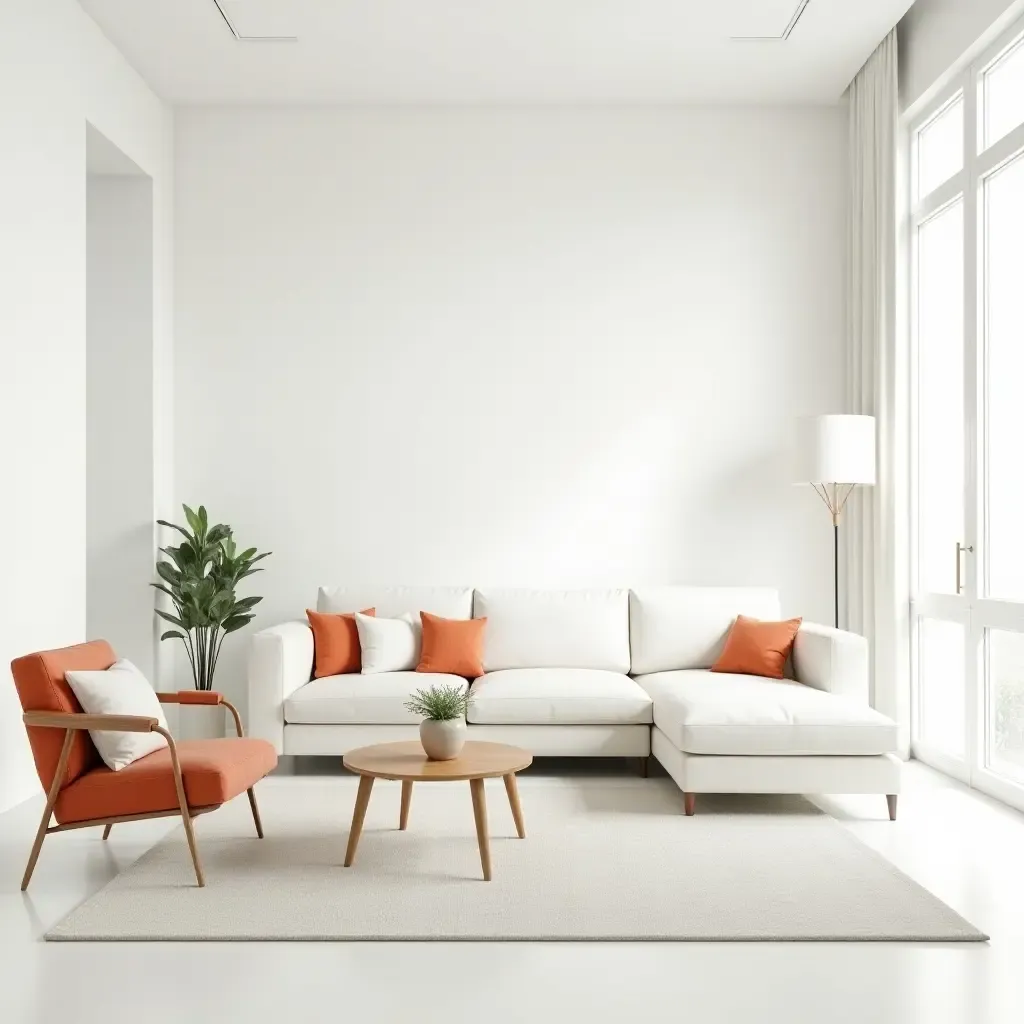 a photo of a bright minimalist living room with a white sectional and colorful accents