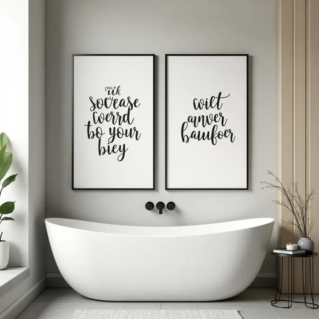 a photo of inspirational quotes in stylish frames on bathroom walls