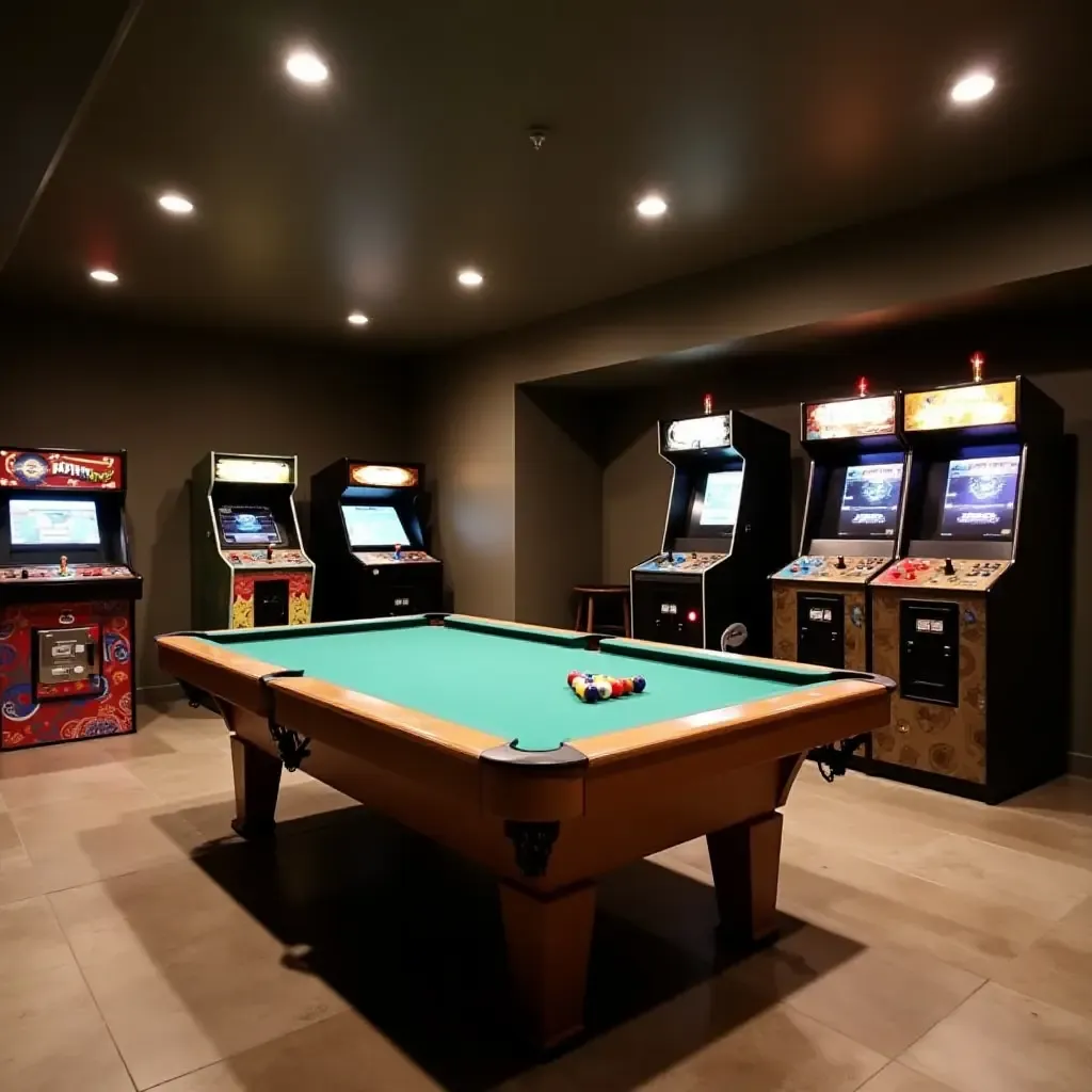 a photo of a basement game room featuring a pool table and arcade games