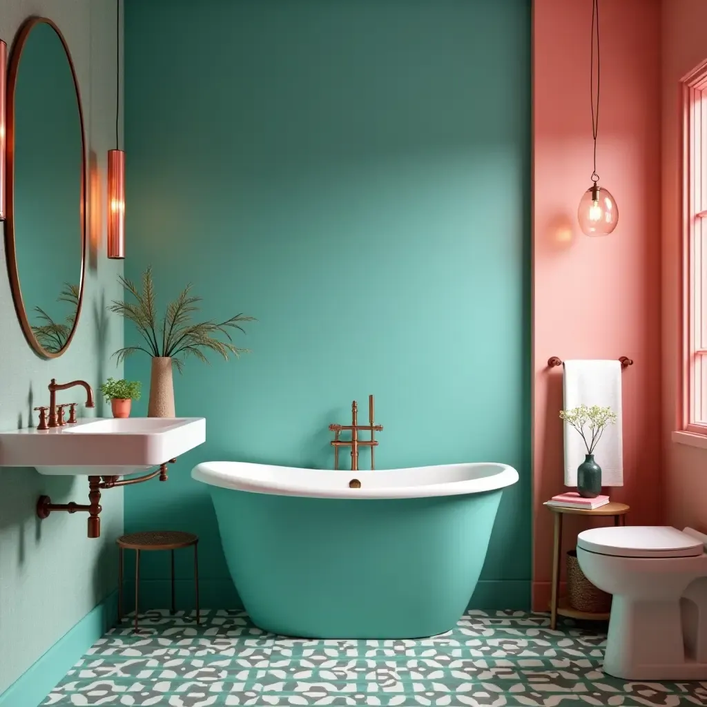 a photo of a vibrant teal and coral bathroom with stylish accessories