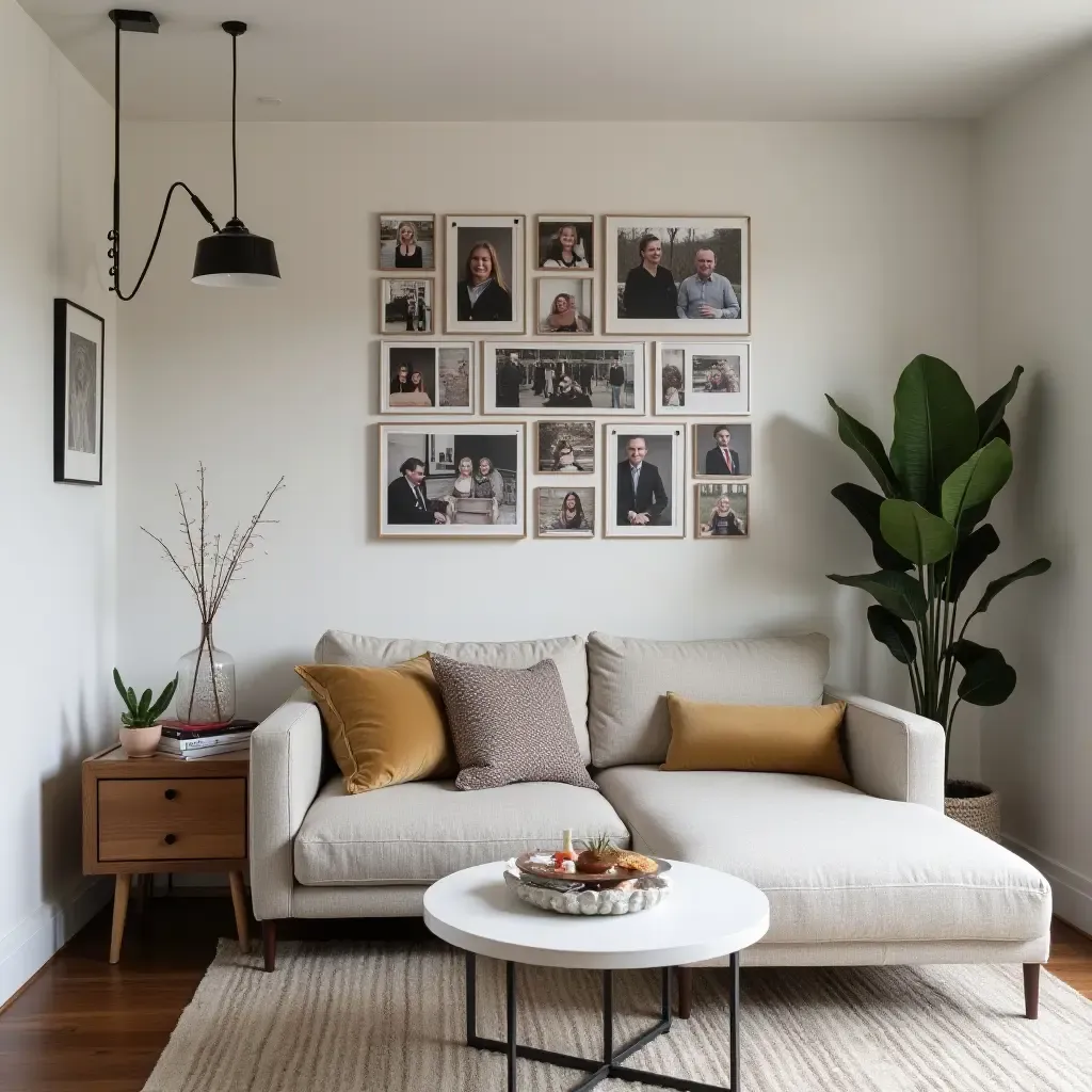 a photo of a DIY photo collage wall in a trendy basement space