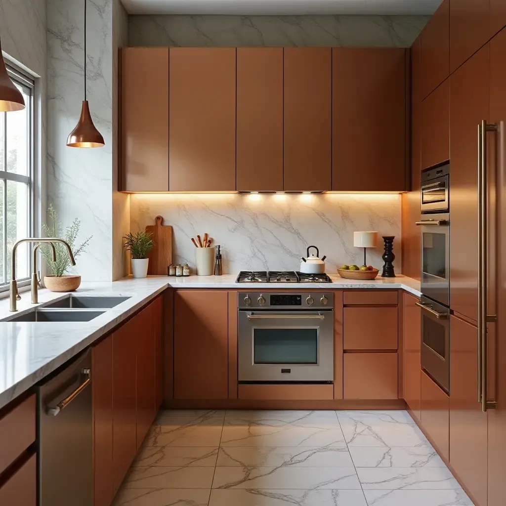 a photo of a trendy kitchen with copper accent walls