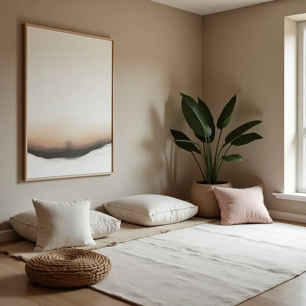 a photo of a basement meditation space with handmade cushions and calming decor