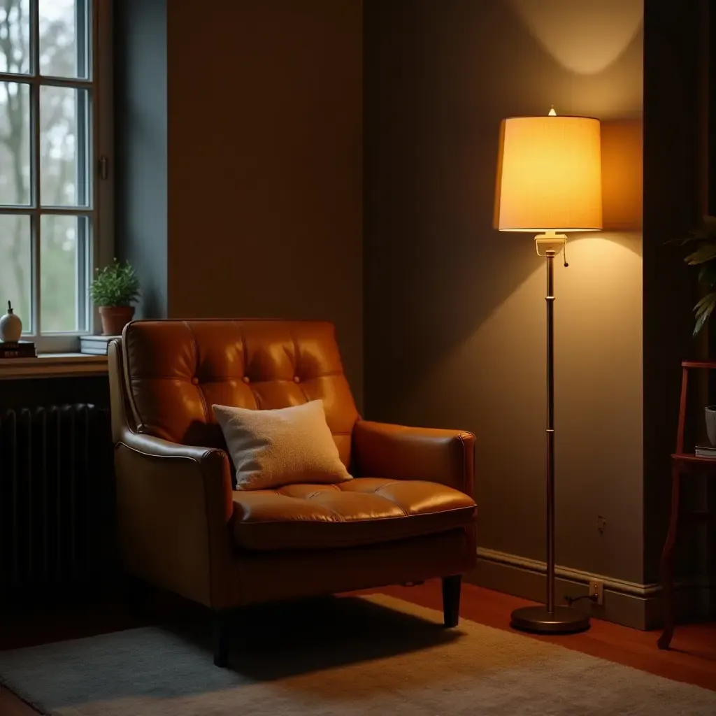 a photo of a cozy reading nook with a leather armchair and floor lamp