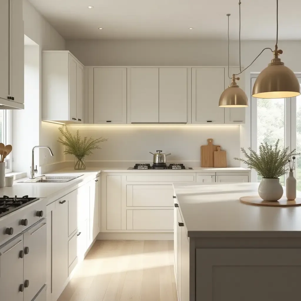 a photo of a tranquil kitchen with a focus on soft colors and natural light