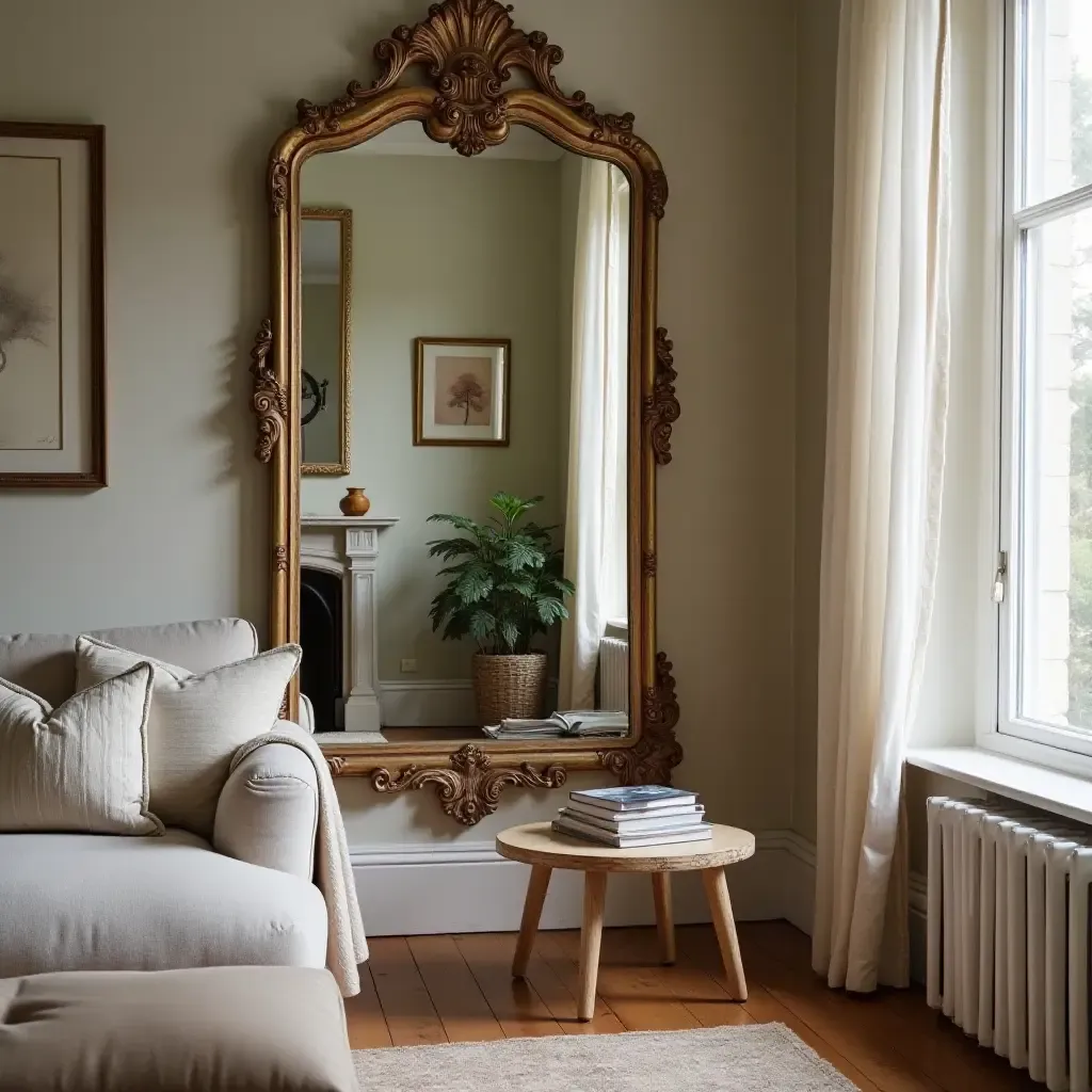 a photo of a vintage mirror reflecting a cozy living room