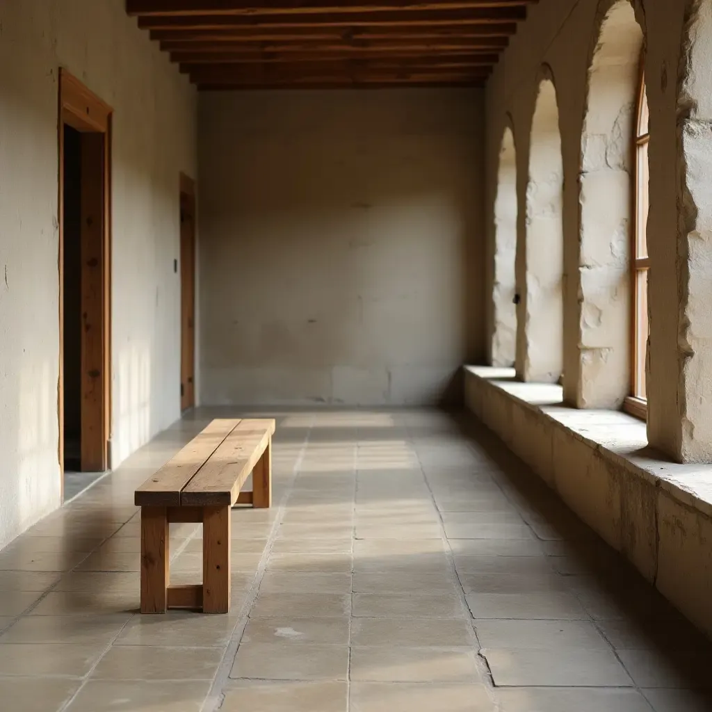 a photo of a rustic wooden bench in a corridor