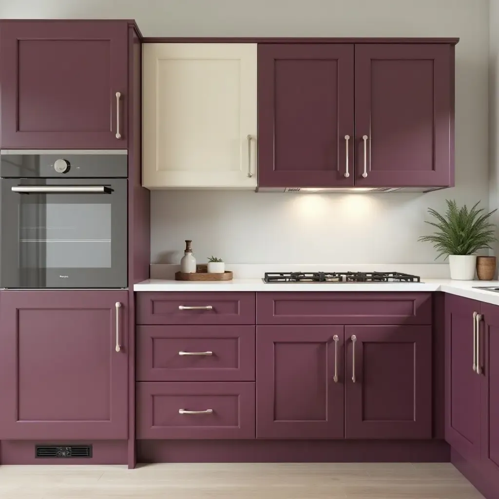 a photo of rich plum and soft cream kitchen cabinets