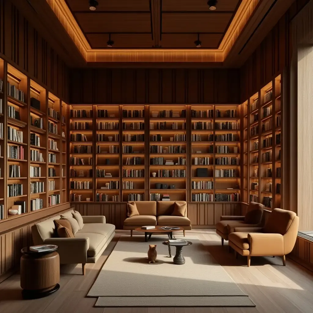 a photo of a library with wooden accents and a serene ambiance