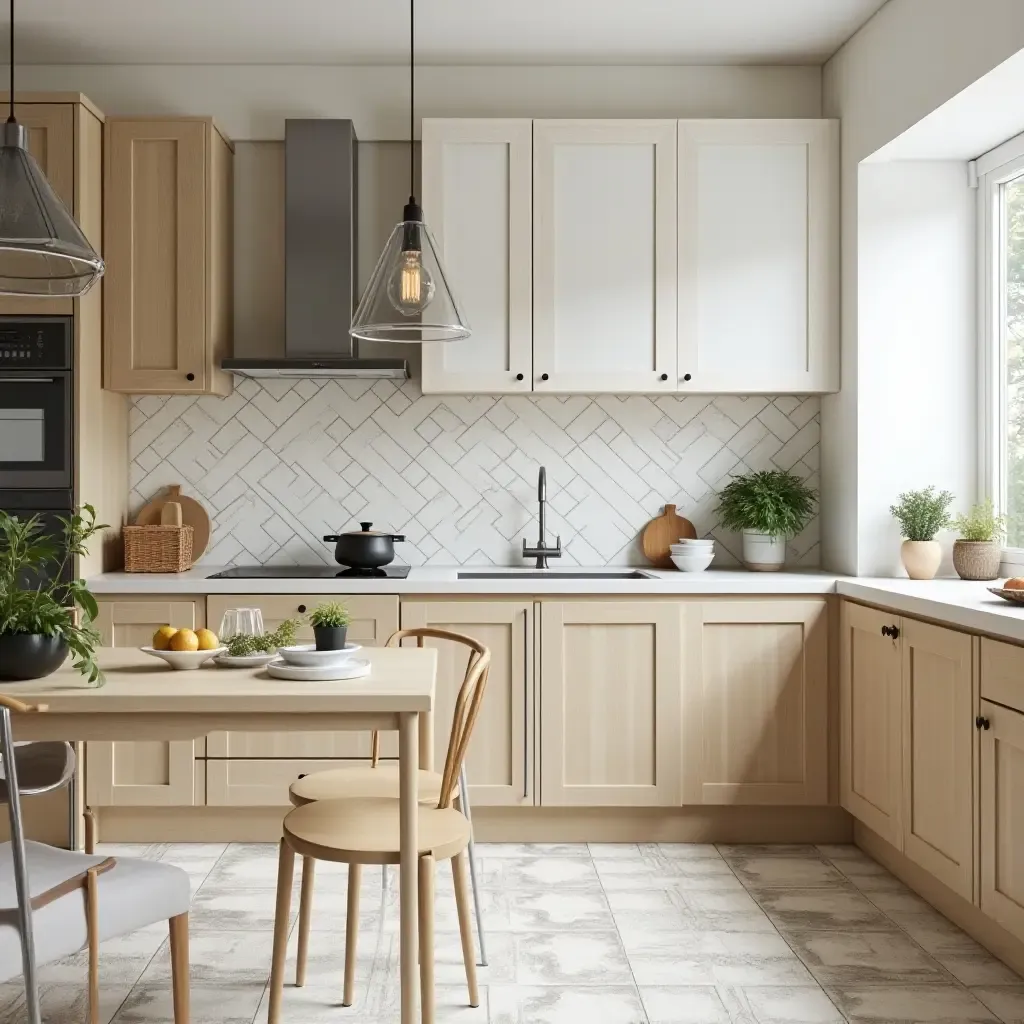 a photo of a Scandinavian kitchen with geometric patterns and bright accents