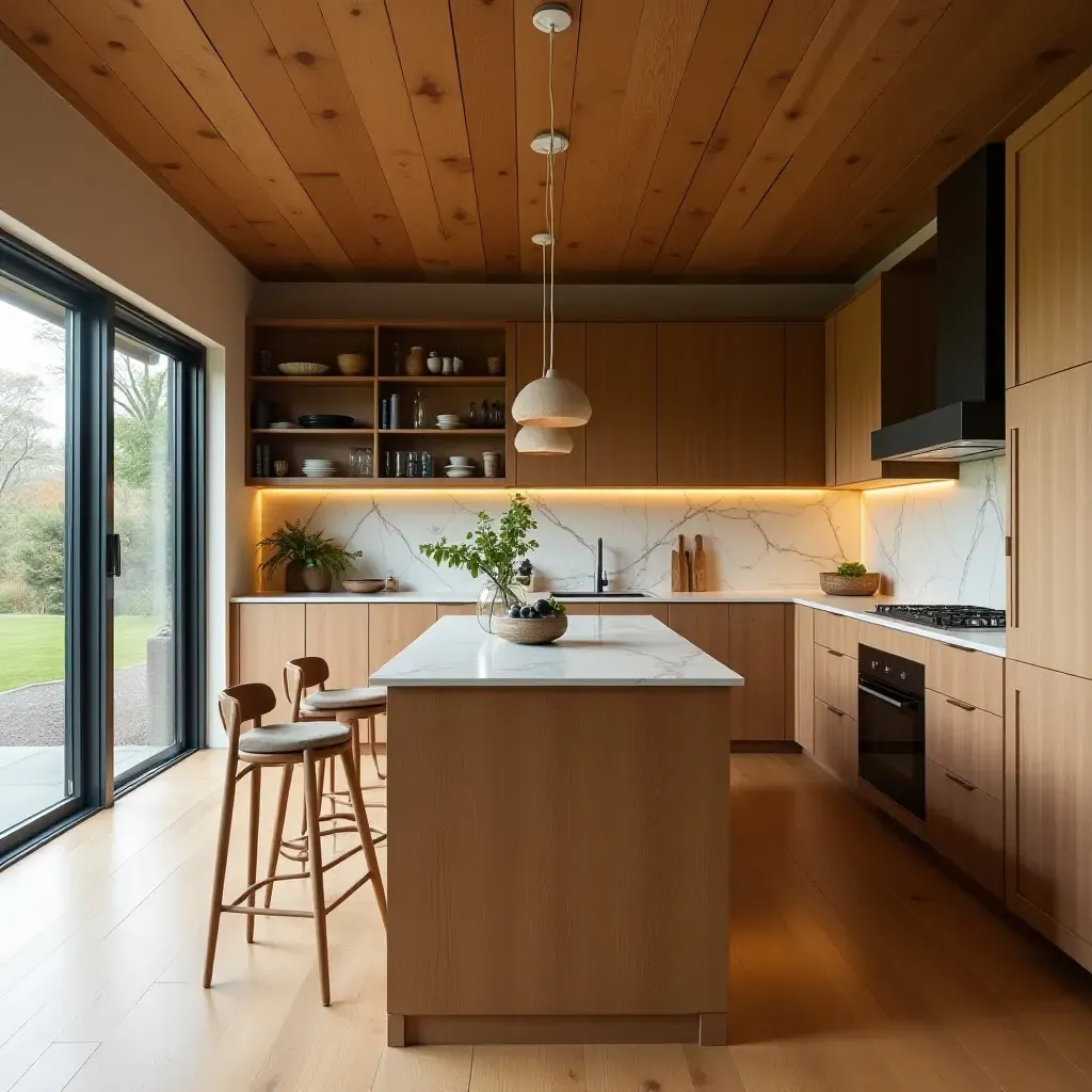 a photo of a kitchen with a rustic wood ceiling and warm tones