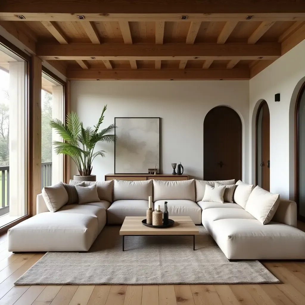 a photo of a living room with wooden beams and a large sectional sofa