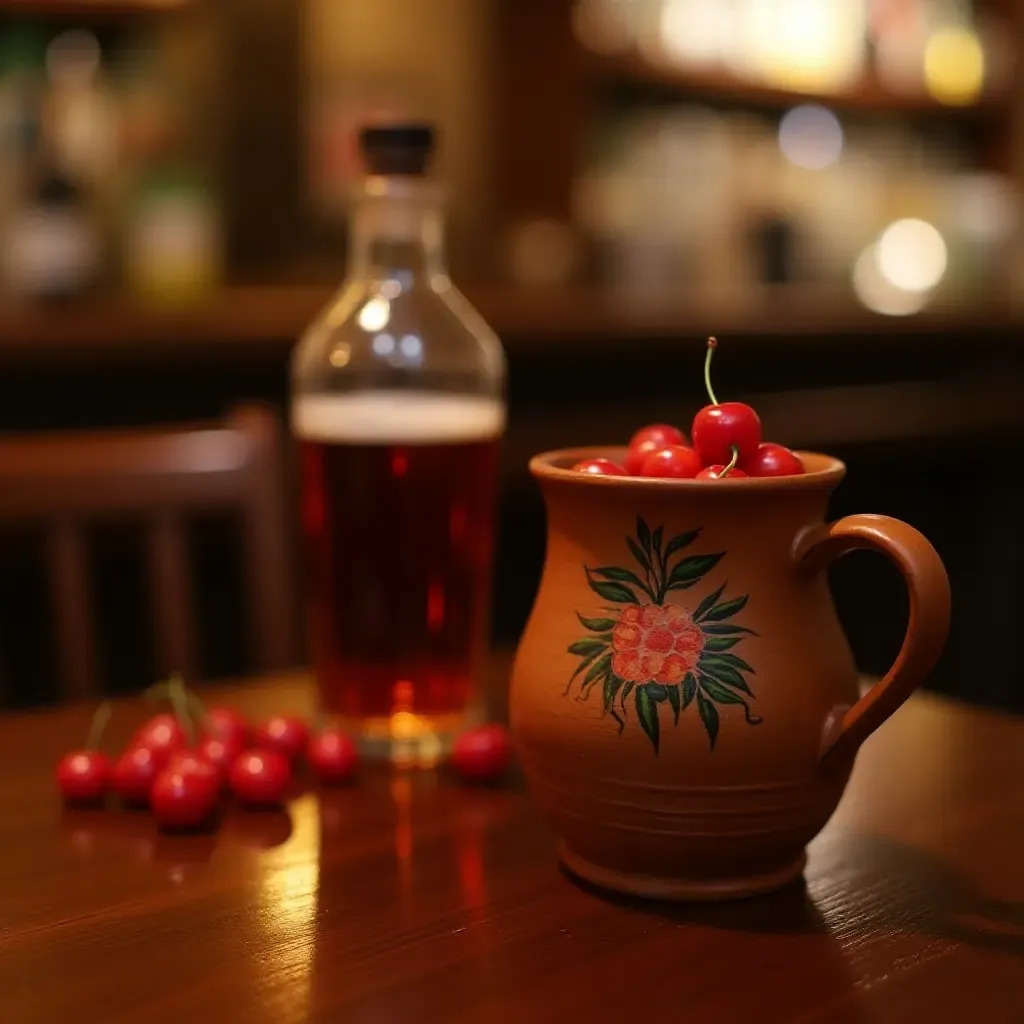 a photo of a traditional clay mug filled with Ginjinha, a cherry liqueur, in a cozy Lisbon bar.