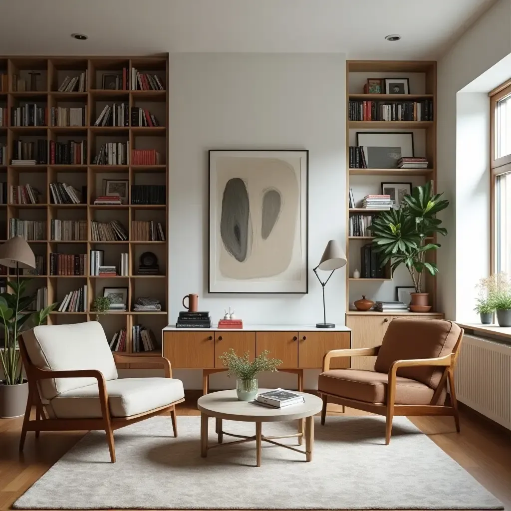 a photo of a bright library with a mix of modern and vintage Scandinavian furniture