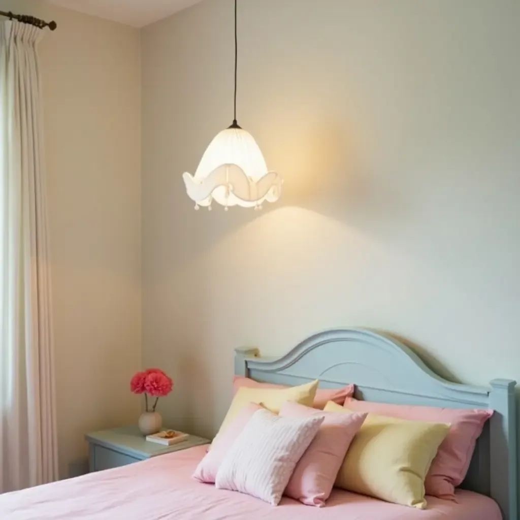 a photo of a whimsical pendant light in a child&#x27;s bedroom with pastel decor