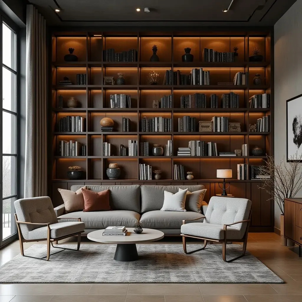 a photo of a library featuring a mix of modern and industrial furniture