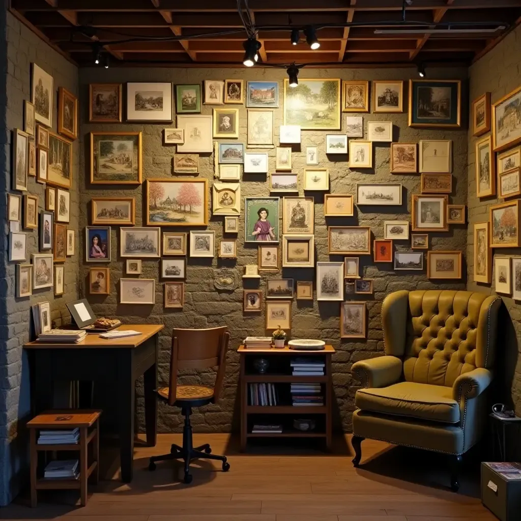 a photo of a basement wall adorned with a collection of vintage postcards