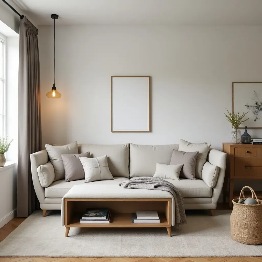 a photo of a small living room with multifunctional furniture, like an ottoman with storage