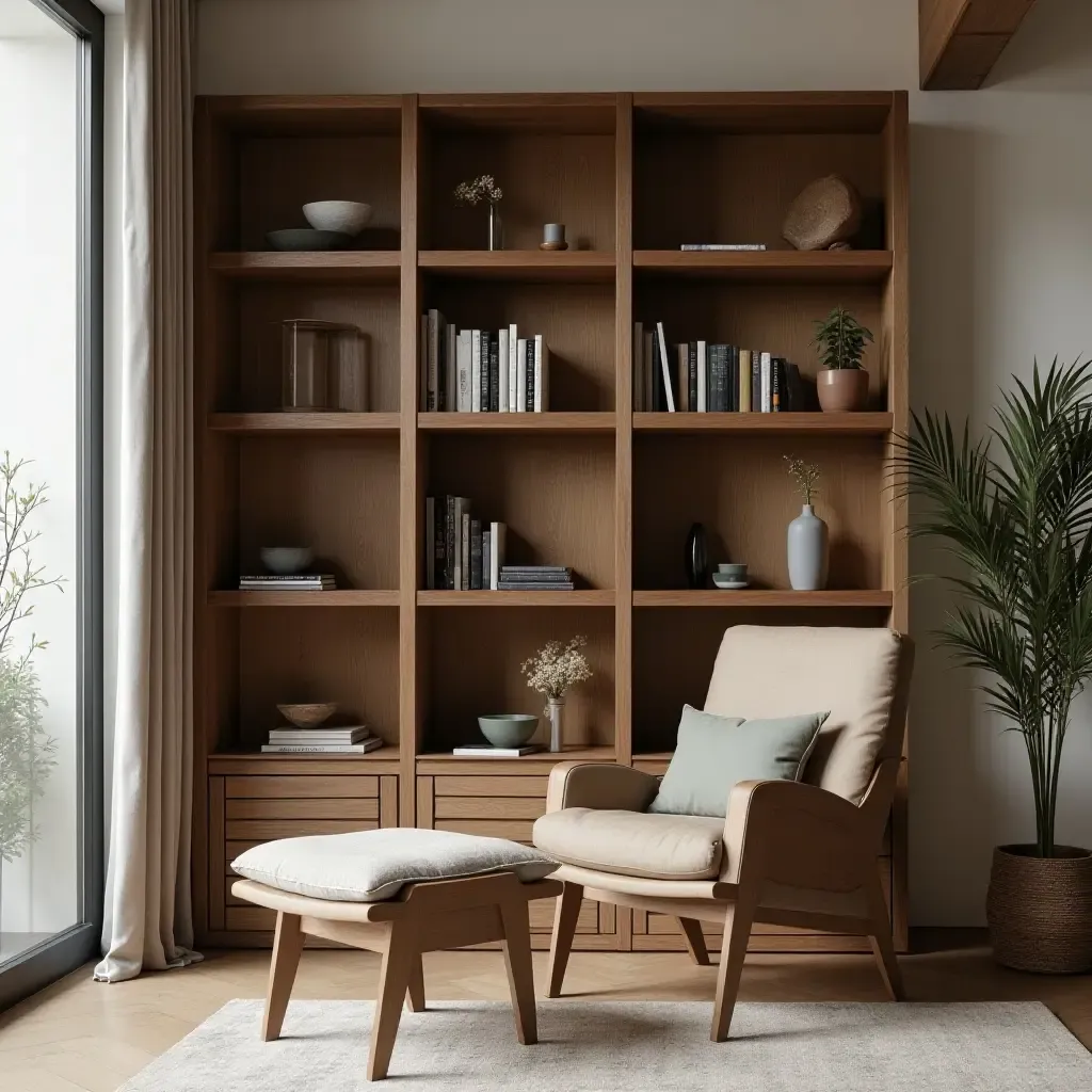 a photo of a rustic bookshelf that doubles as a room divider