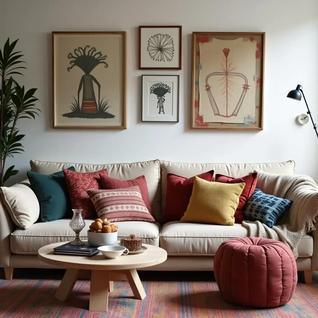 a photo of a bohemian living room with eclectic throw pillows arranged artfully