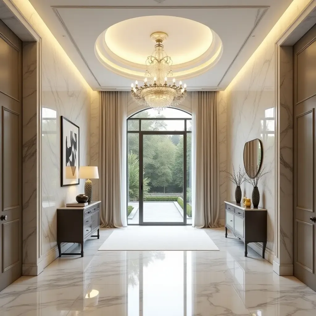 a photo of an elegant marble entrance hall with a grand chandelier and stylish furniture