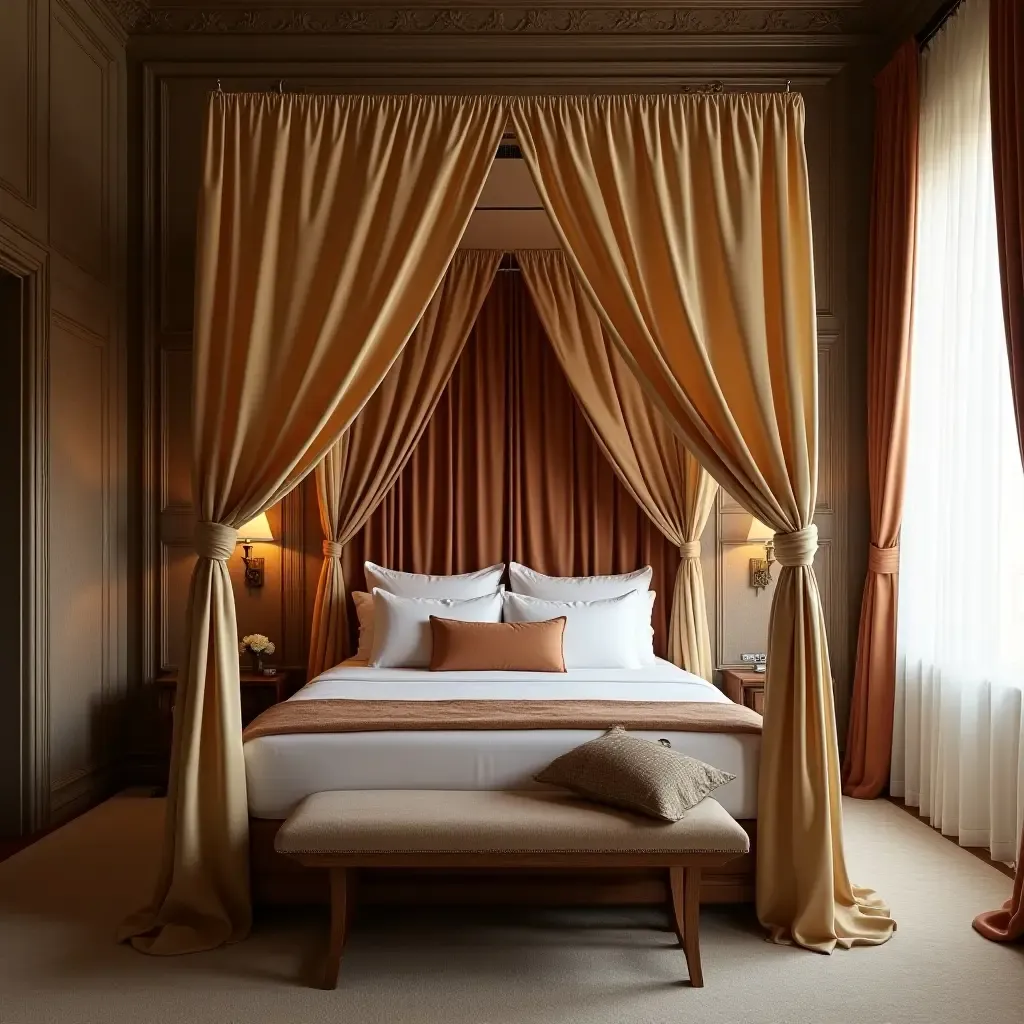 a photo of a luxurious silk-draped canopy bed in a palace-like setting