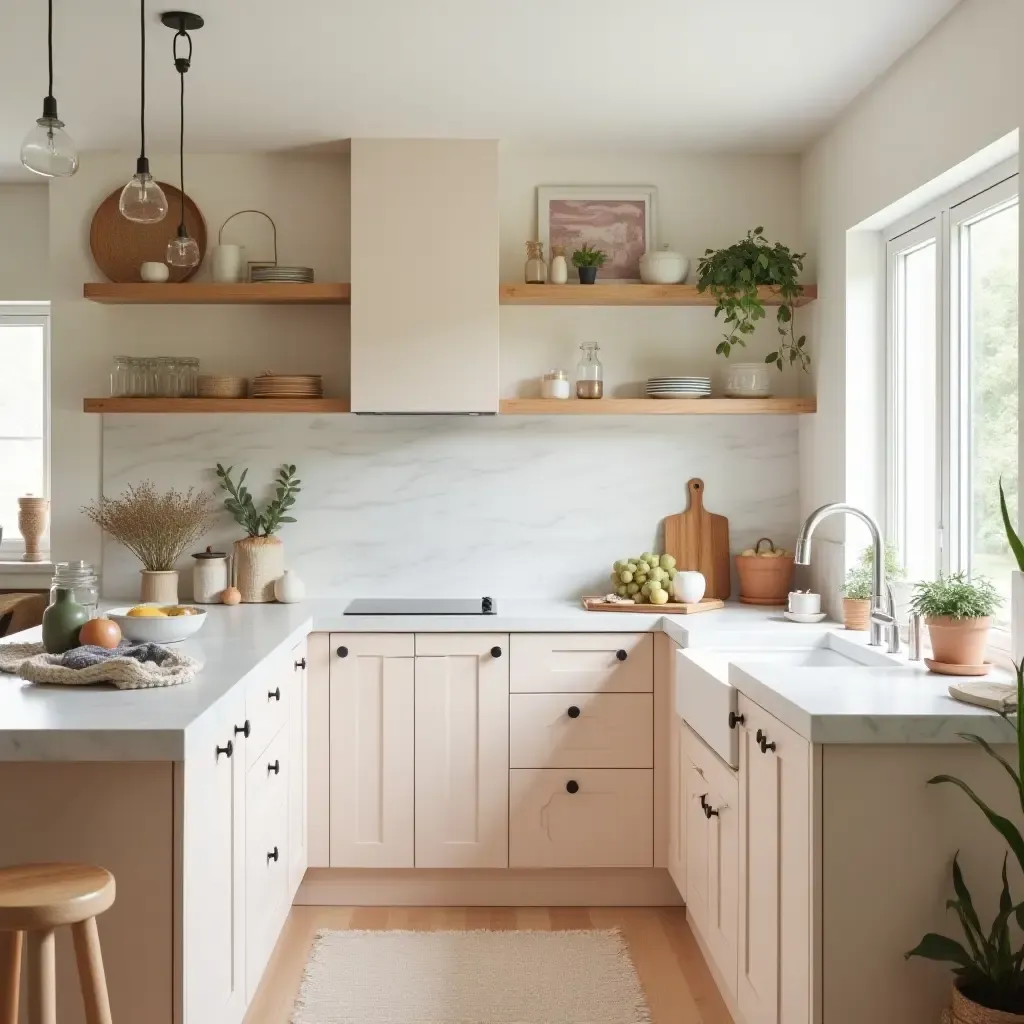 a photo of a serene boho kitchen with pastel colors and natural textures