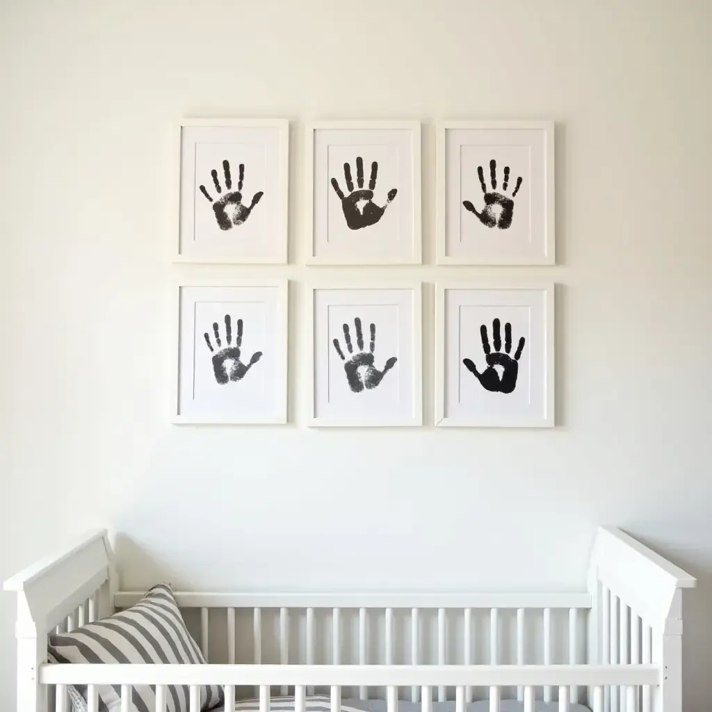 a photo of a nursery gallery wall showcasing family handprints