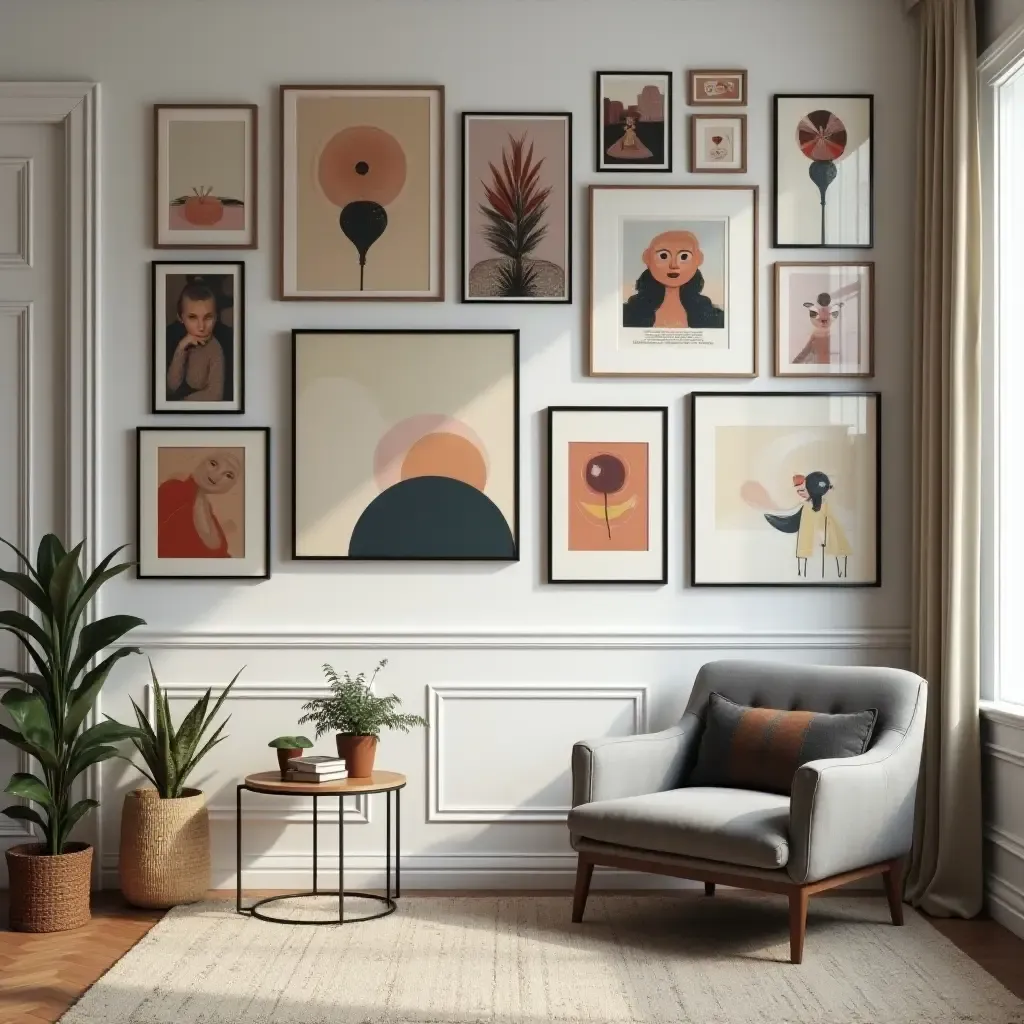 a photo of an eclectic gallery wall combining various art styles and textures