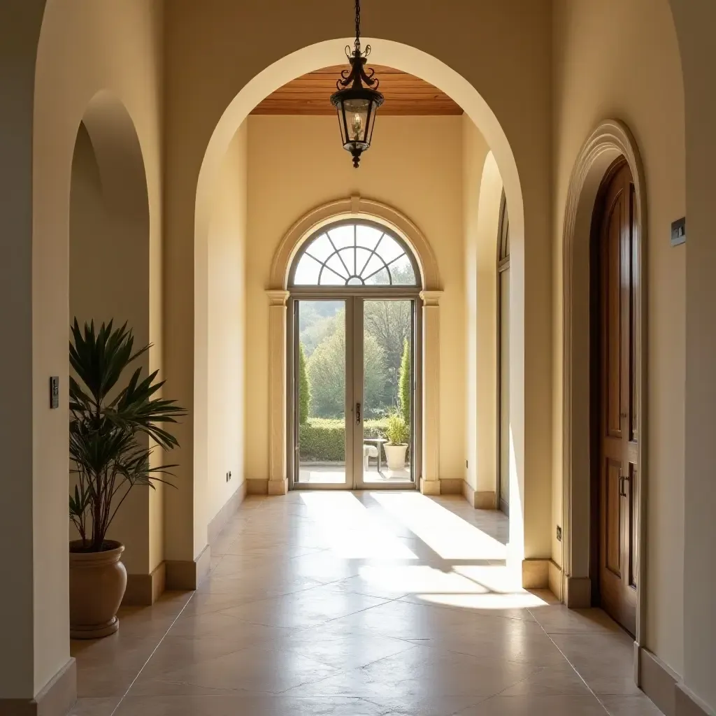 a photo of a Mediterranean-style hallway with a focus on natural light