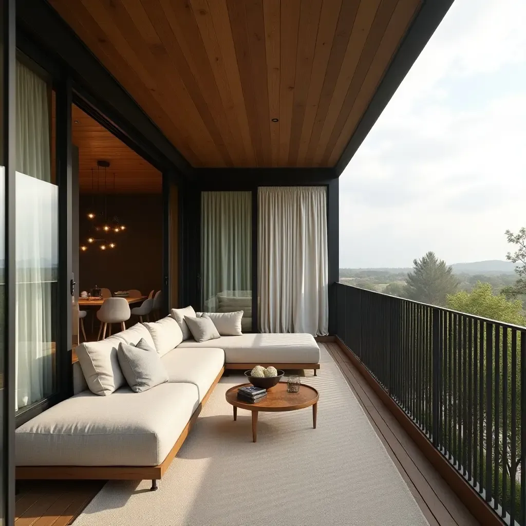 a photo of a balcony with a harmonious blend of fabric, wood, and metal textures