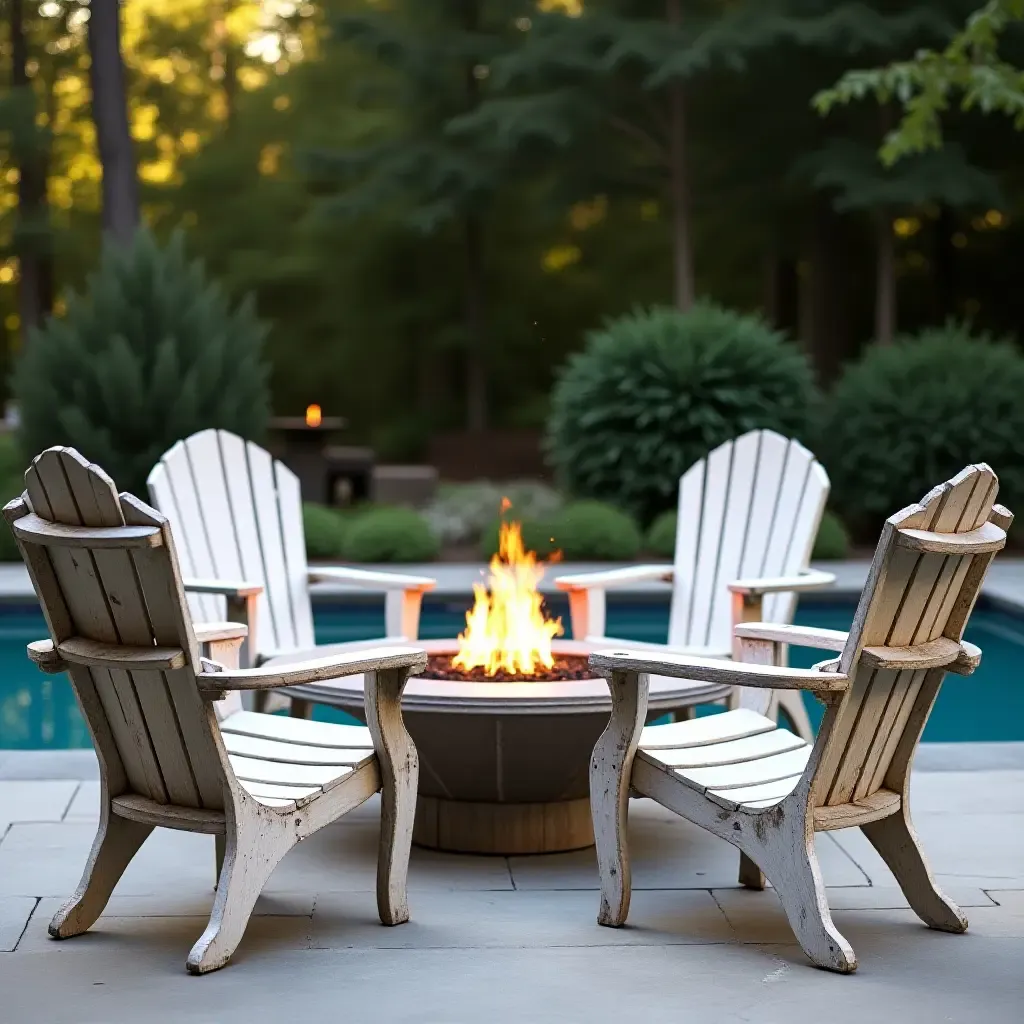 a photo of vintage garden chairs arranged around a poolside fire pit