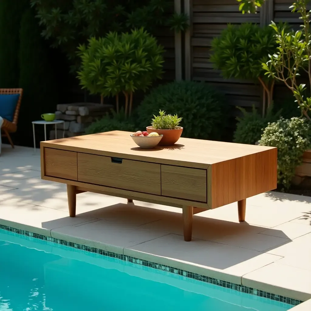 a photo of a mid-century modern coffee table on a pool deck