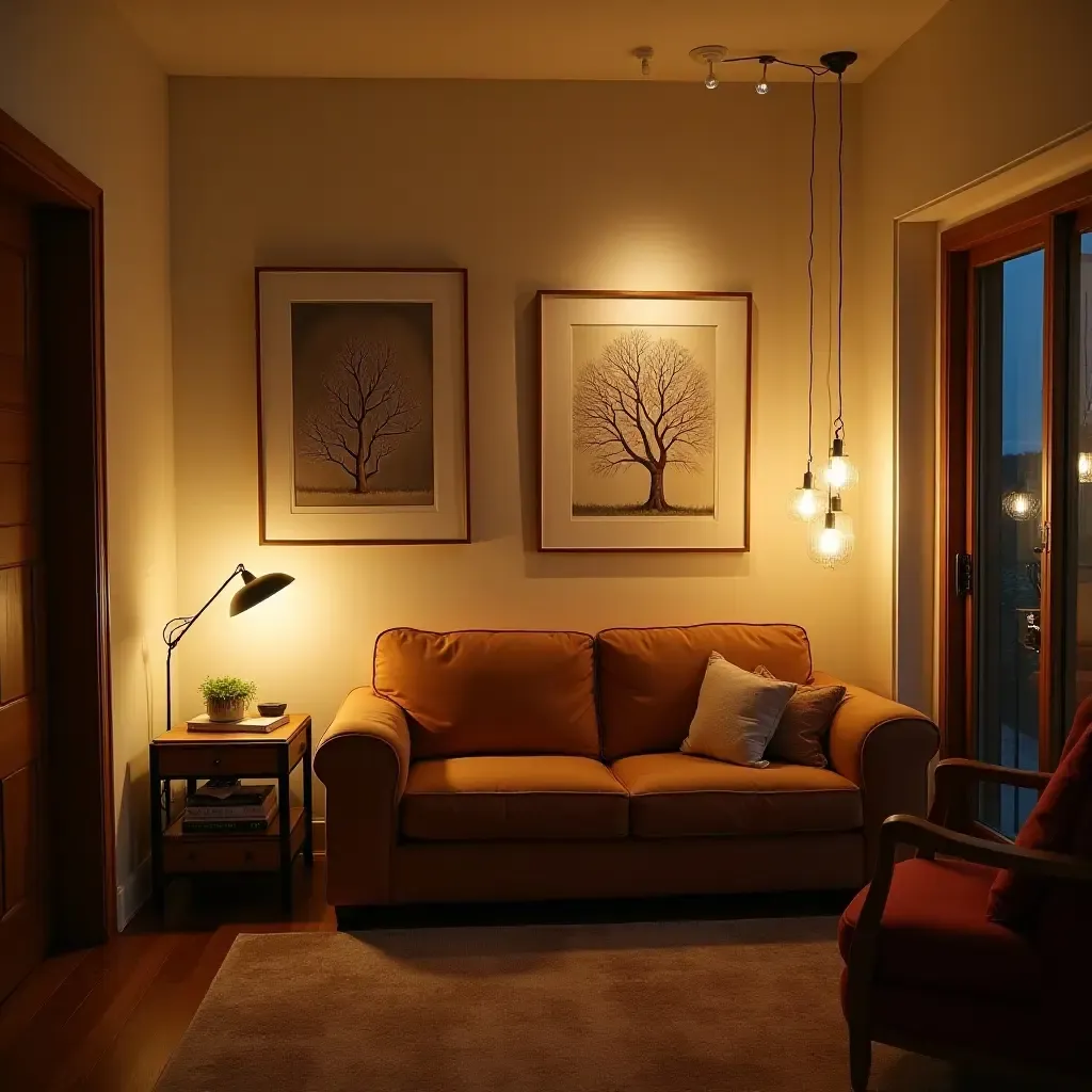 a photo of a small living room with illuminated artwork on walls