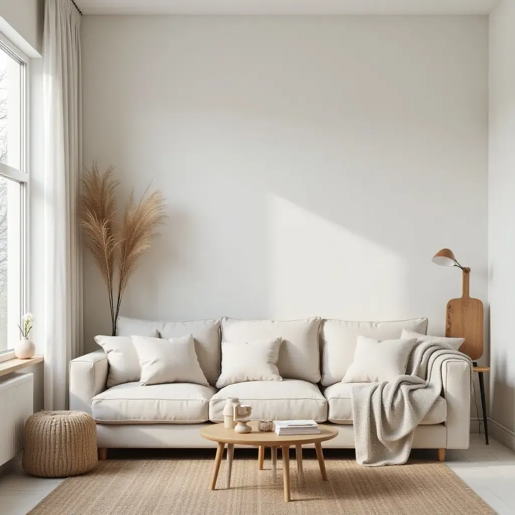 a photo of a Scandinavian-inspired living room with a pastel color palette and natural textures