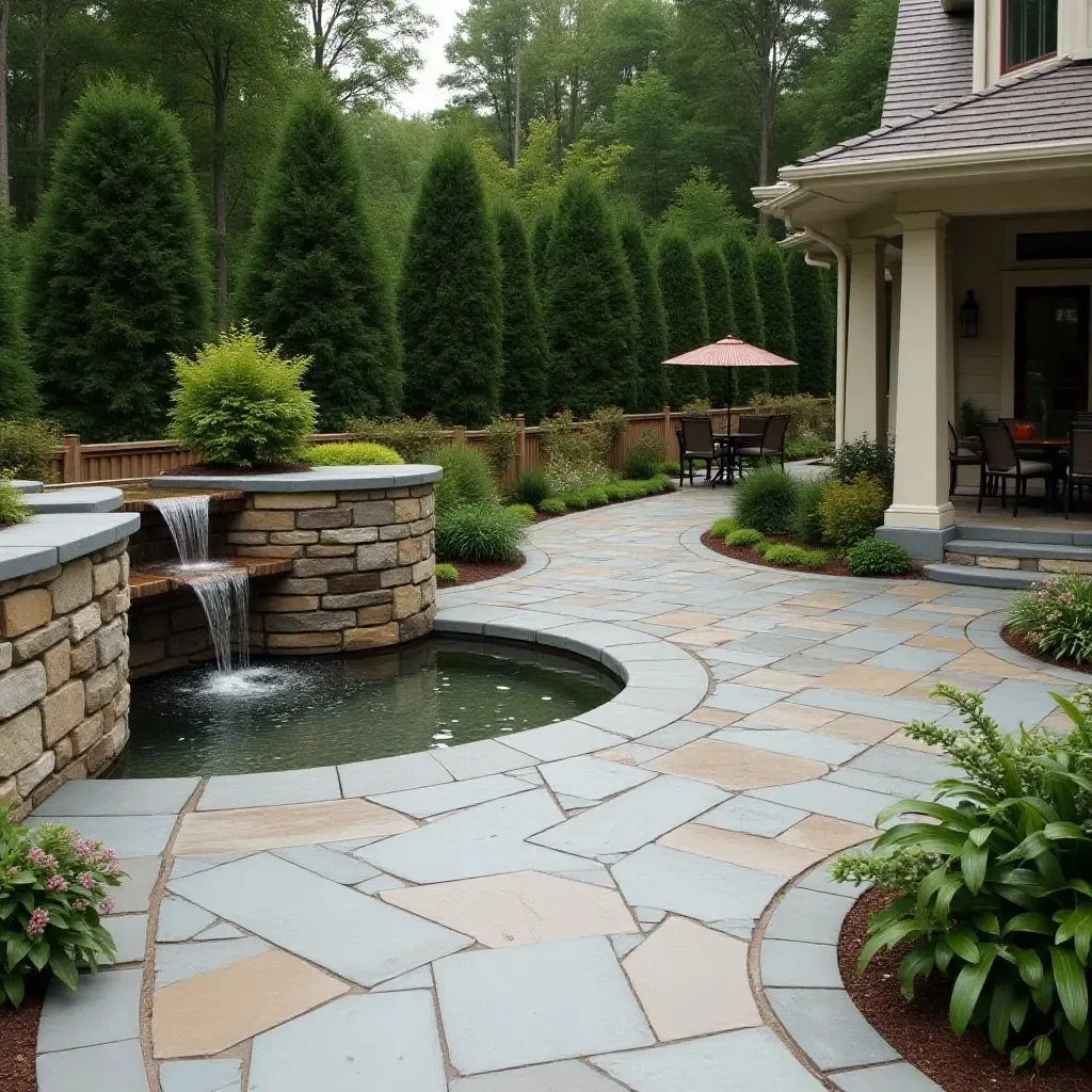 a photo of a concrete patio showcasing a water feature with soothing sounds