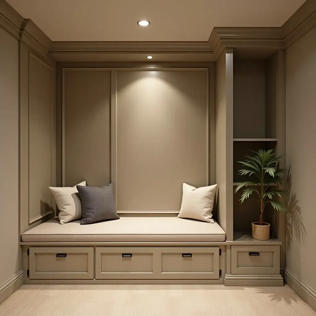 a photo of a basement with a corner nook for storage and seating