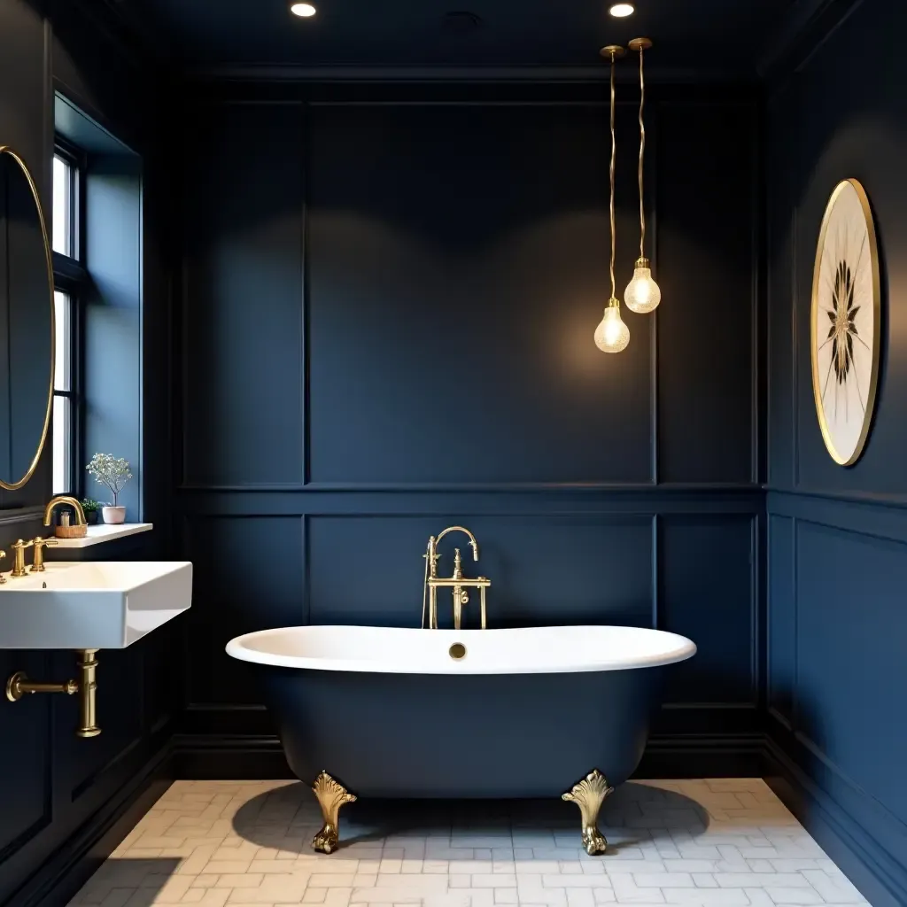 a photo of a deep navy and gold bathroom with elegant decor