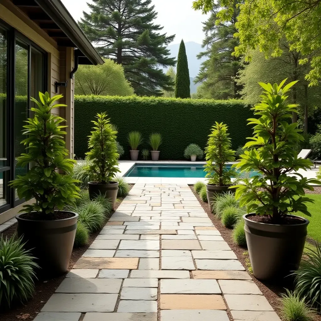 a photo of a stone pathway lined with potted plants to the pool