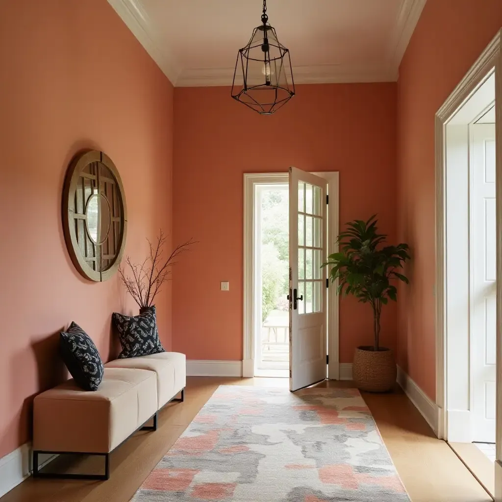 a photo of a chic entryway with a bold color palette