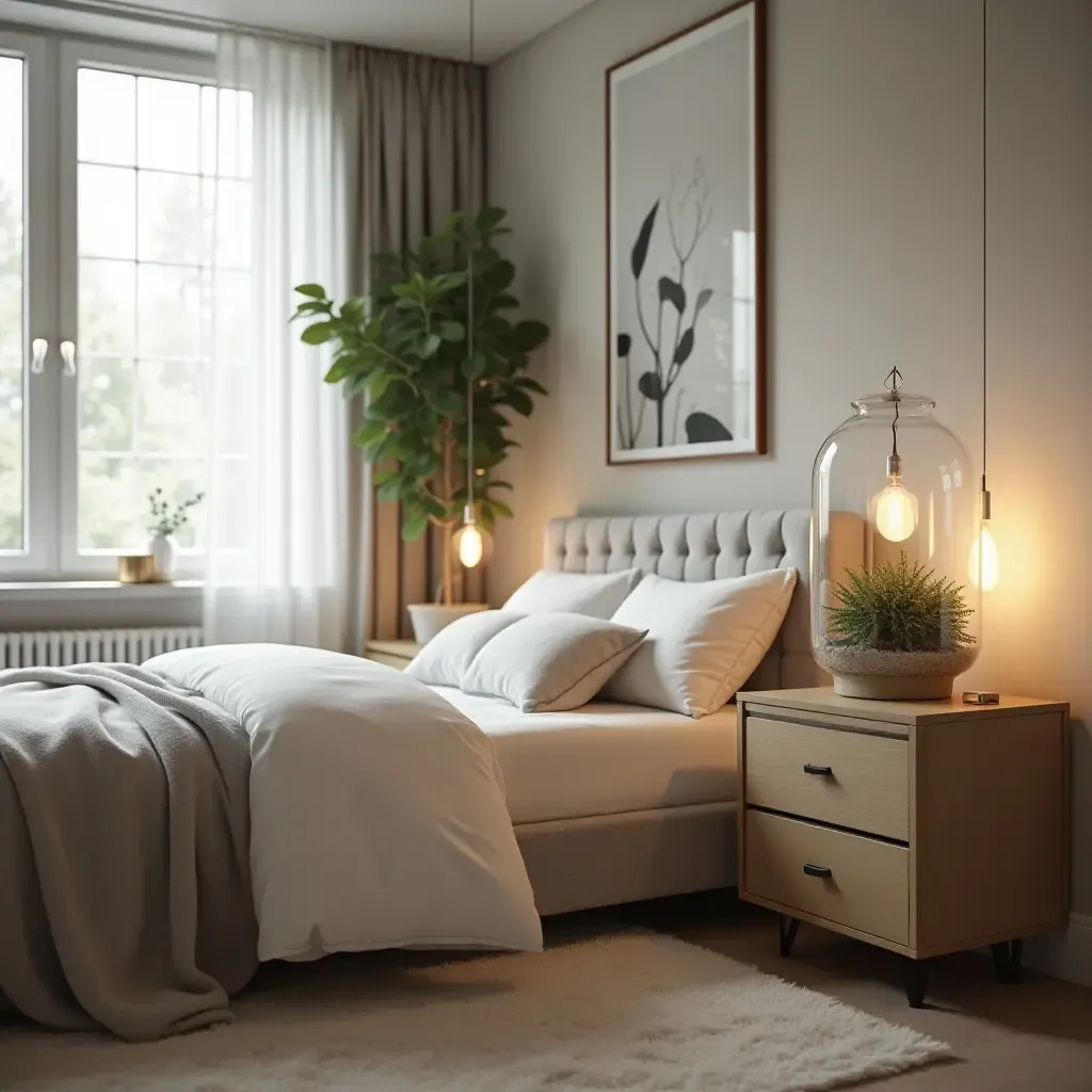 a photo of a stylish bedroom featuring a terrarium on a dresser