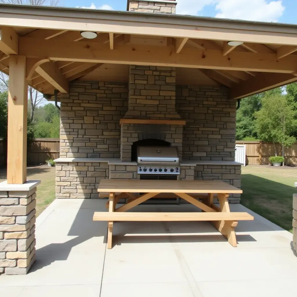 a photo of a detached covered patio with a built-in grill and picnic table