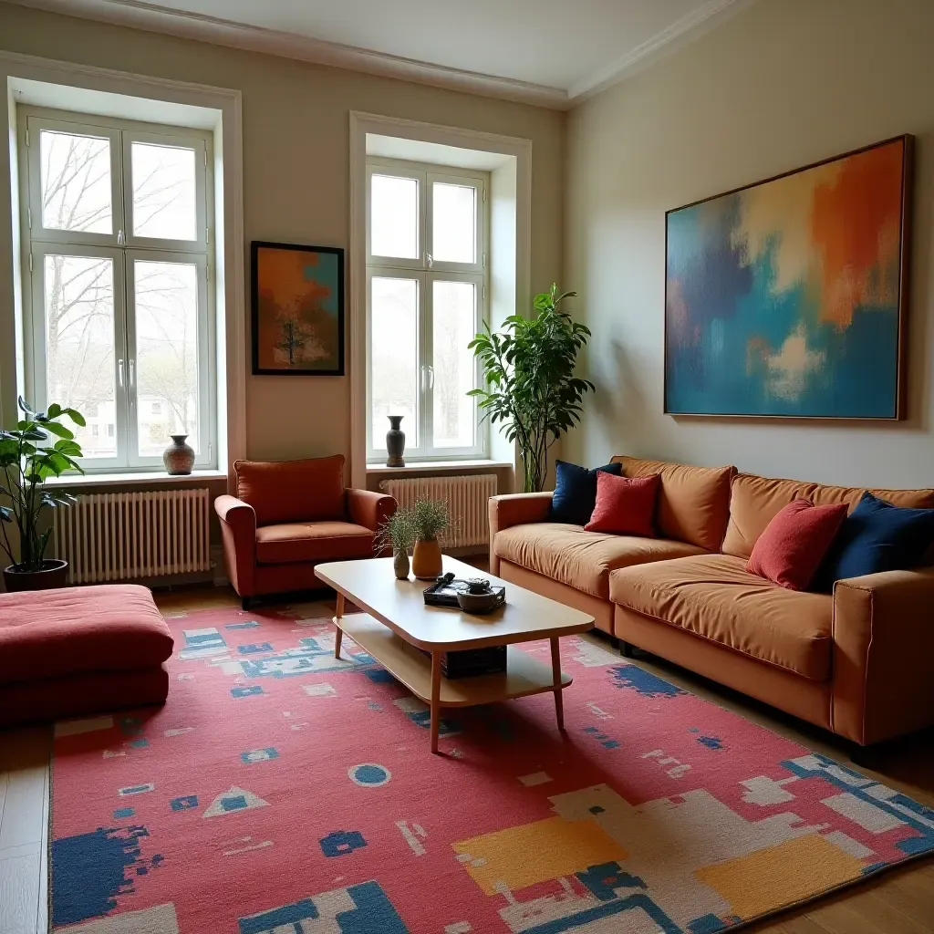 a photo of a living room featuring a large, colorful rug and cushions