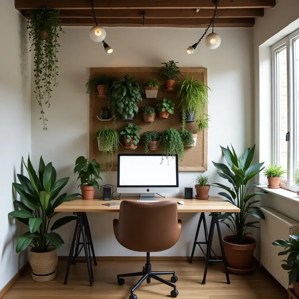 a photo of a basement workspace with a plant-filled inspiration board