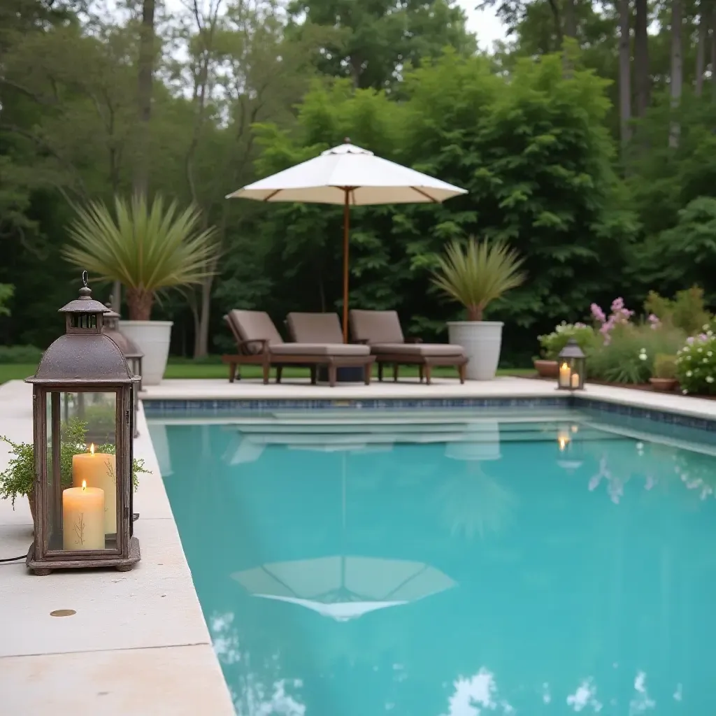 a photo of a picturesque poolside scene with vintage lanterns and farmhouse accents