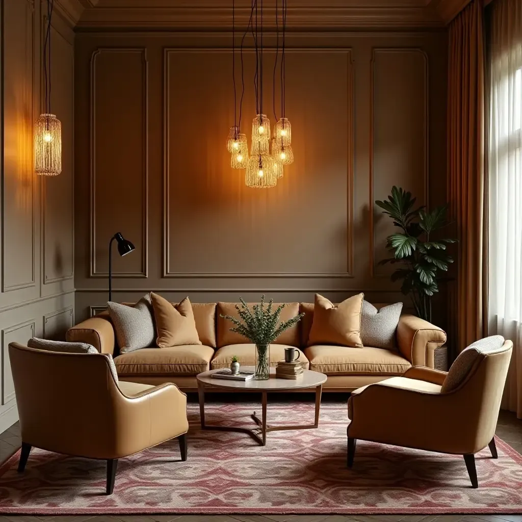 a photo of an inviting seating area with a patterned rug and soft lighting fixtures