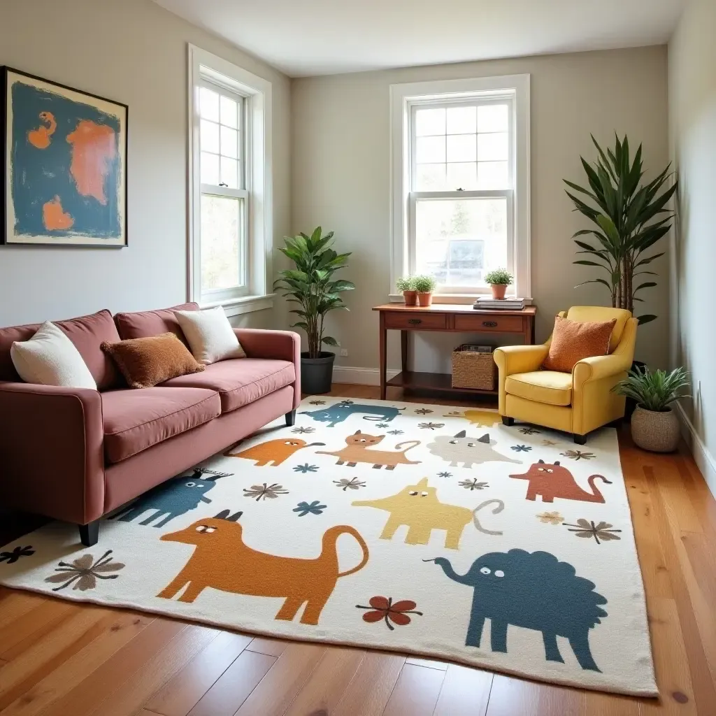 a photo of a playful, cartoon-themed rug in a basement playroom