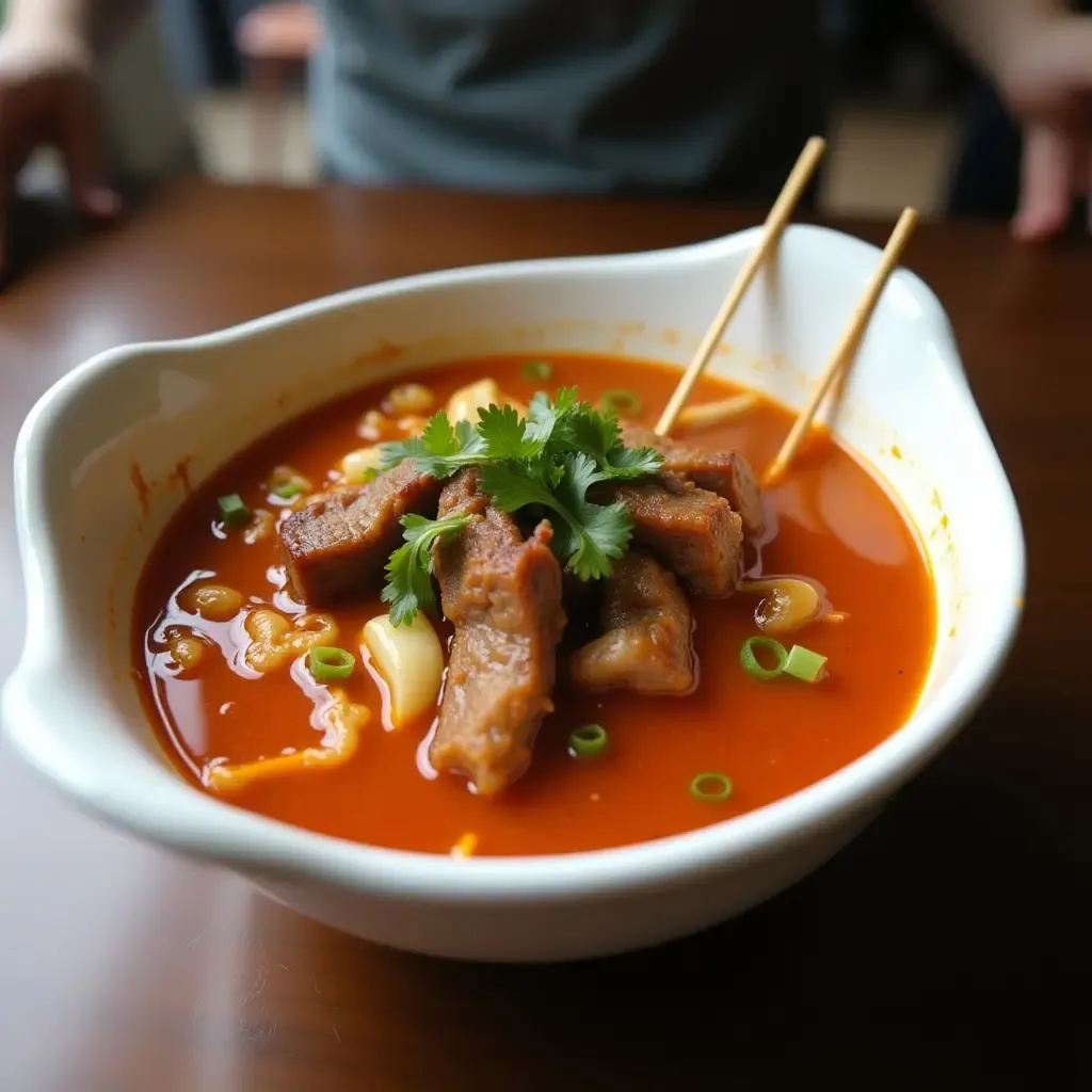 a photo of Malatang, a spicy street food soup with skewers of meat, veggies, and noodles.